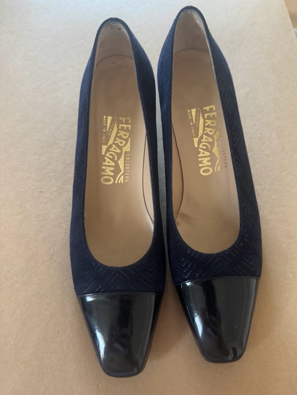 Salvatore Ferragamo Navy Suede with black Cap Toe Pumps size 8.5